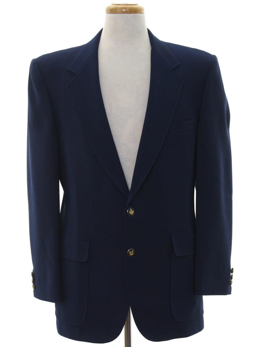 Vintage 70s Knack Navy Knit Blazer Gold Crest Buttons USA 40 Chest